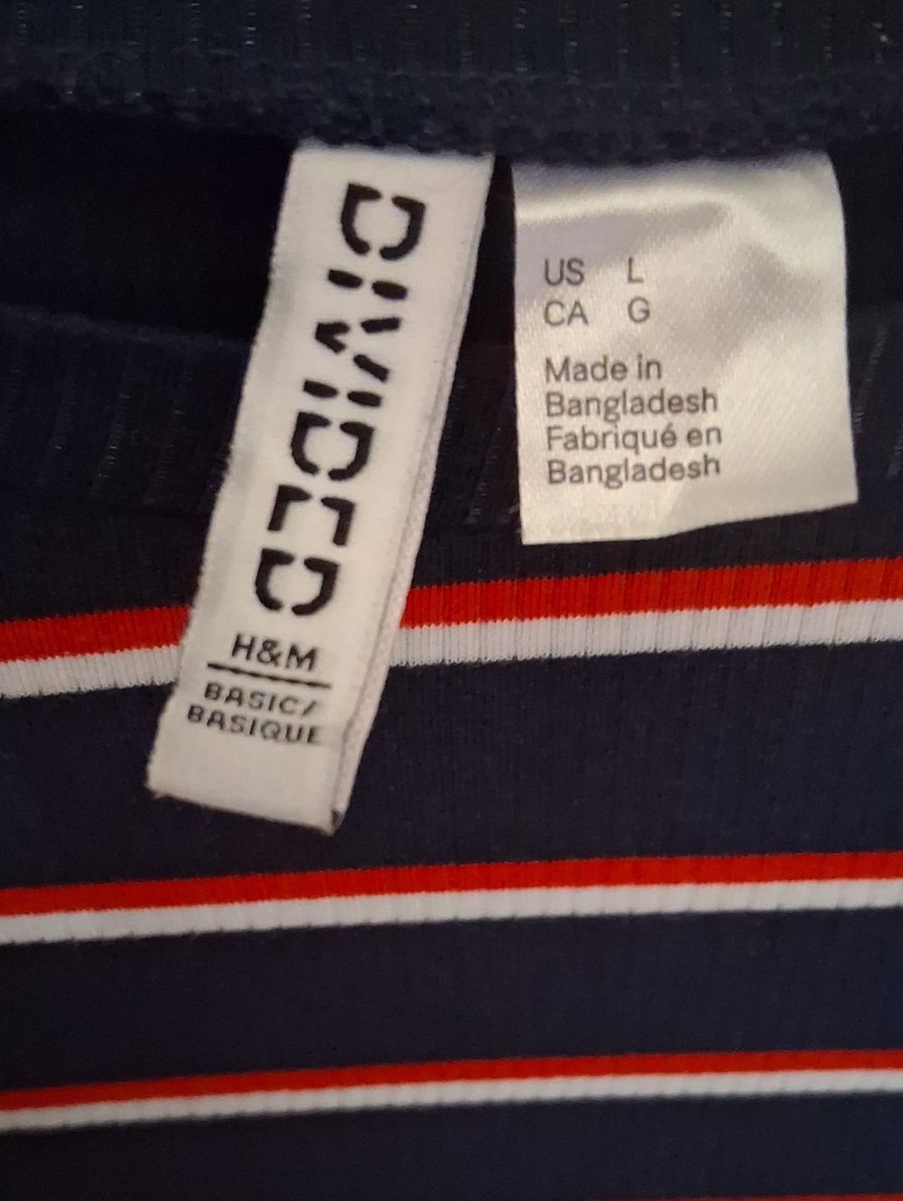 H&M Navy Short Sleeve Tee with Red and White Stripes, Size L - Picture 2 of 3